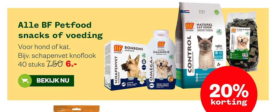 Alle BF Petfood snacks of voeding 20% korting