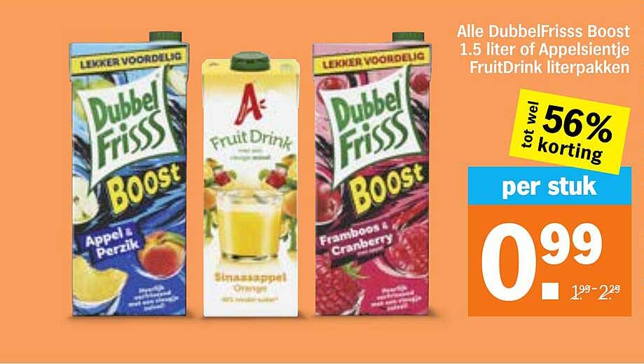 Alle DubbelFrisss Boost 1.5 liter of Appelsientje FruitDrink literpakken