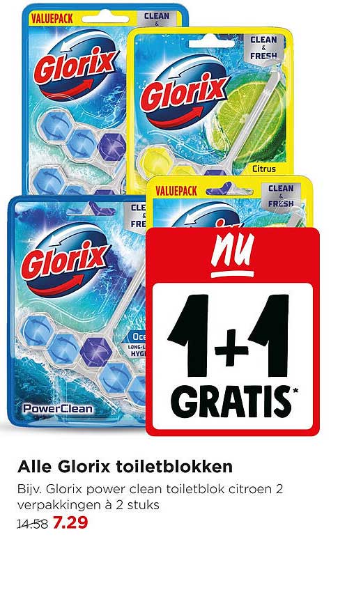 Alle Glorix toiletblokken 1+1 gratis