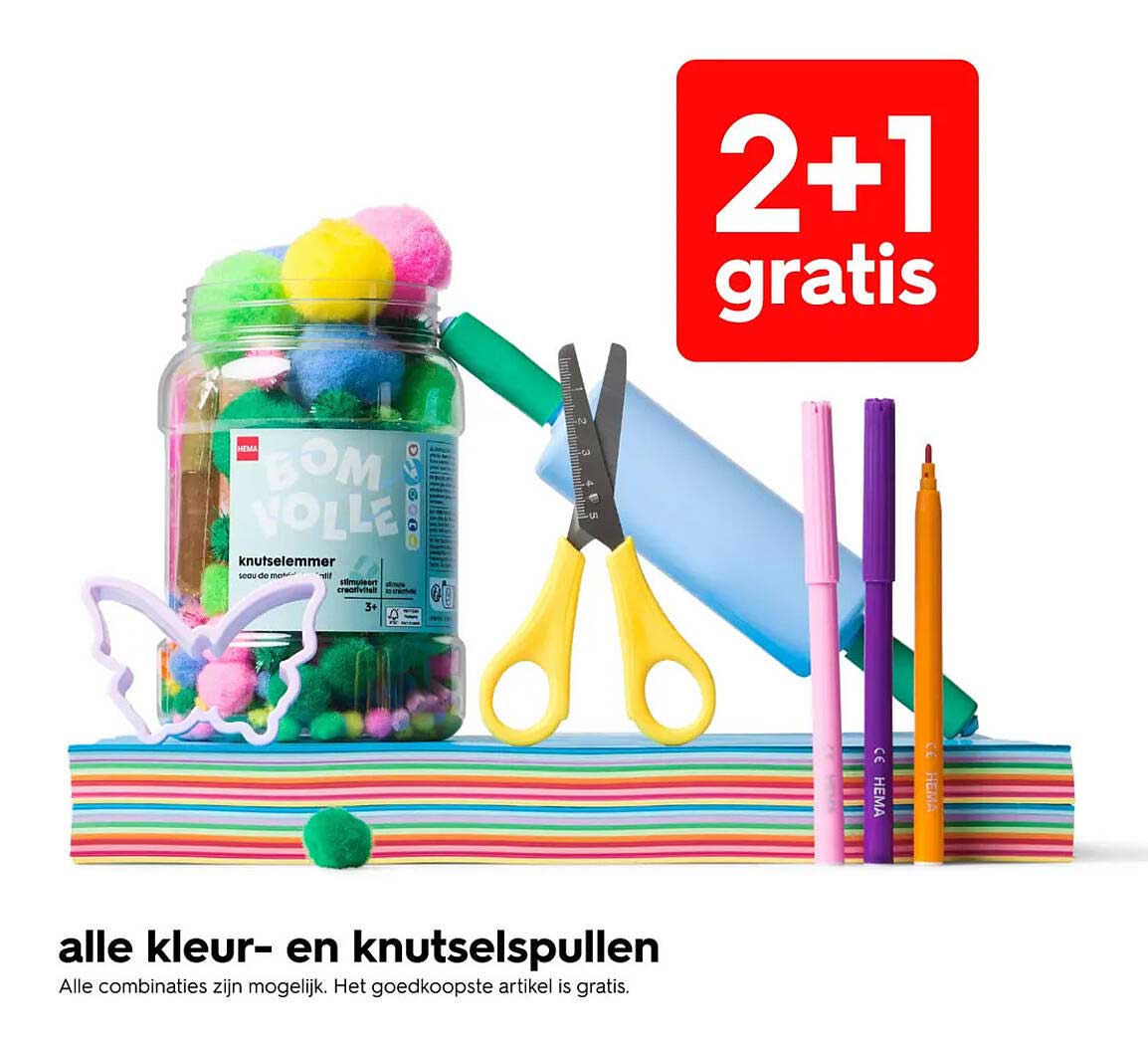 alle kleur- en knutselspullen 2+1 gratis