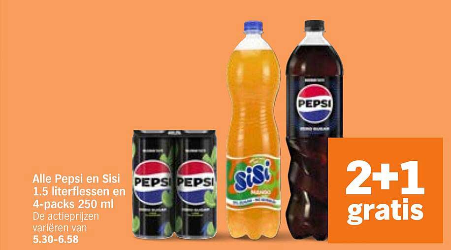 Alle Pepsi en Sisi 1.5 literflessen en 4-packs 250 ml 2+1 gratis