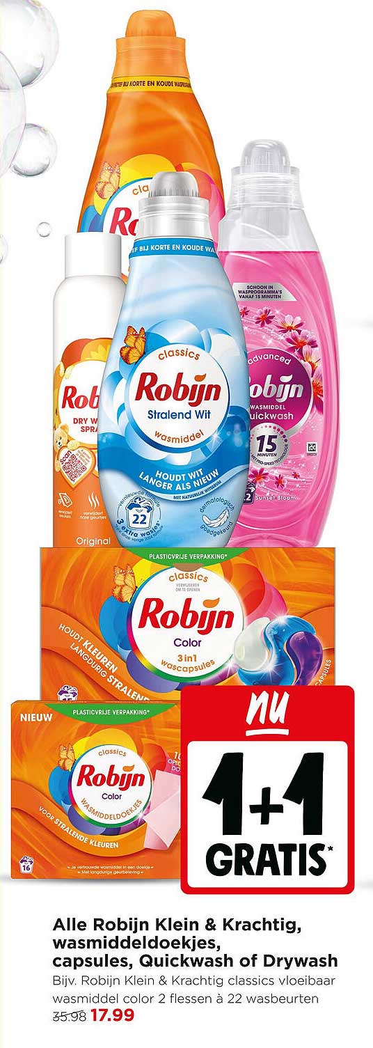 Alle Robijn Klein & Krachtig, wasmiddeldoekjes, capsules, Quickwash of Drywash 1+1 gratis