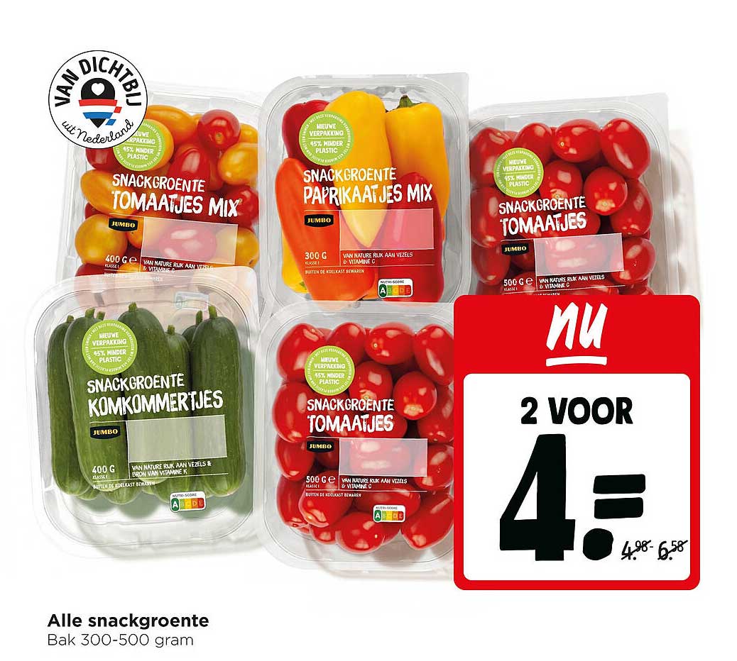 Alle snackgroente Bak 300-500 gram 2 voor 4.-
