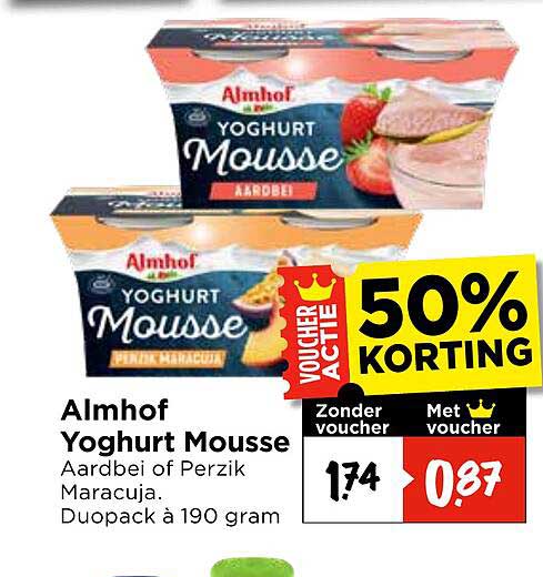 Almhof Yoghurt Mousse Aardbei of Perzik Maracuja, Duopack à 190 gram 50% KORTING