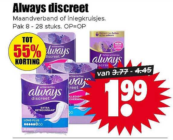 Always discreet Maandverband of inlegkruisjes. Pak 8 - 28 stuks. OP=OP TOT 55% KORTING