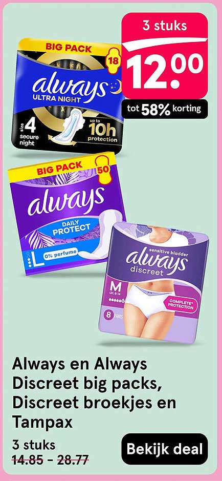 Always en Always Discreet big packs, Discreet broekjes en Tampax 3 stuks