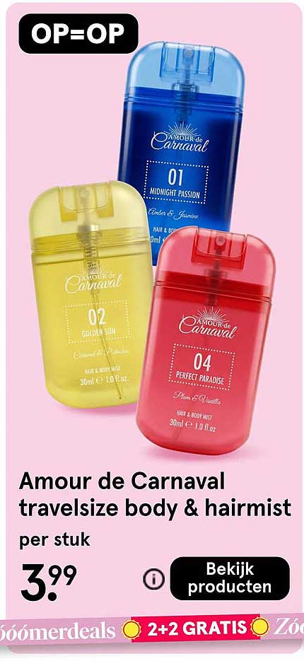 Amour de Carnaval travelsize body & hairmist per stuk 2+2 GRATIS
