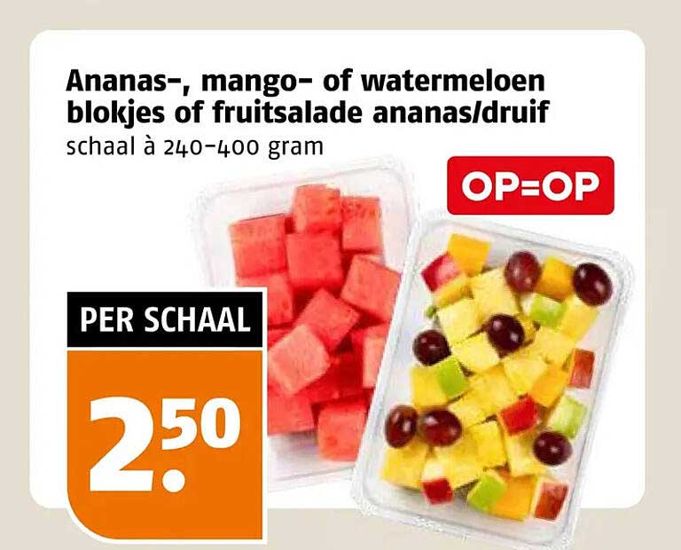 Ananas-, mango- of watermeloen blokjes of fruitsalade ananasdruif OP=OP