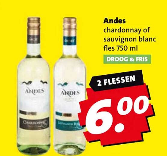 Andes chardonnay of sauvignon blanc fles 750 ml DROOG & FRIS 2 FLESSEN