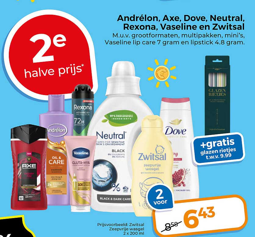 Andrélon, Axe, Dove, Neutral, Rexona, Vaseline en Zwitsal M.u.v. grootverpakkingen, multipakken, mini's, Vaseline lip care 7 gram en lipstick 4.8 gram. 2e halve prijs