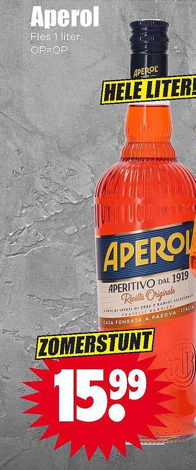 Aperol Fles 1 liter. OP=OP HELE LITER! ZOMERSTUNT