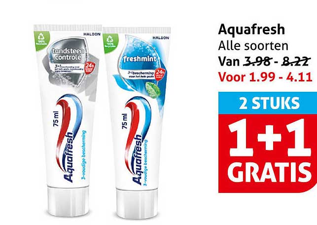 Aquafresh Alle soorten 2 STUKS 1+1 GRATIS