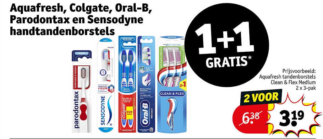 Aquafresh, Colgate, Oral-B, Parodontax en Sensodyne handtandenborstels 1+1 GRATIS*