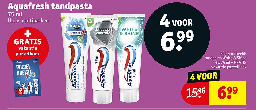Aquafresh tandpasta 75 ml M.u.v. multipakken. + GRATIS vakantie puzzelboek 4 voor 6.99