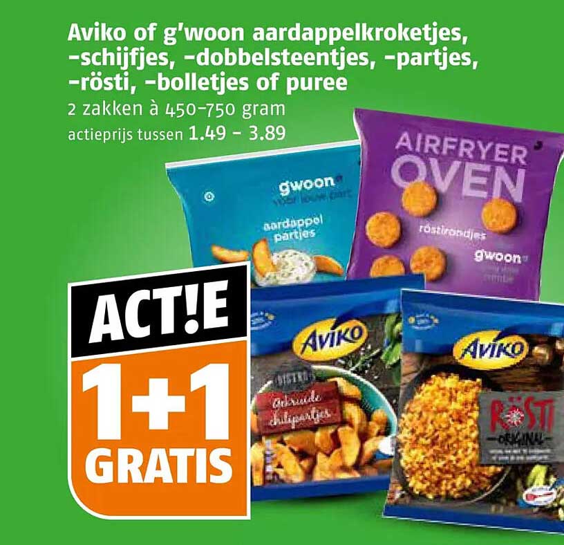Aviko of g'woon aardappelkroketjes, -schijfjes, -dobbelsteentjes, -partjes, -rösti, -bolletjes of puree 1+1 gratis