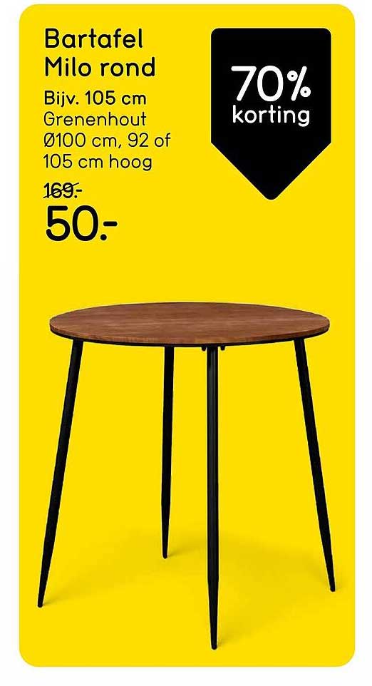 Bartafel Milo rond Biv. 105 cm Grenenhout Ø100 cm, 92 of 105 cm hoog 70% korting