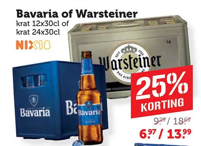 Bavaria of Warsteiner krat 12x30cl of krat 24x30cl NIX18 25% KORTING