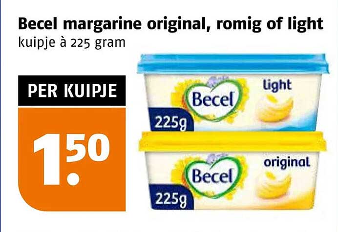 Becel margarine original, romig of light kuipje à 225 gram