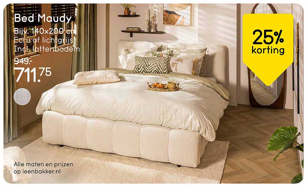Bed Maudy Biv. 140x200 cm Ecru of lichtgrijs Incl. lattenbodem 25% korting