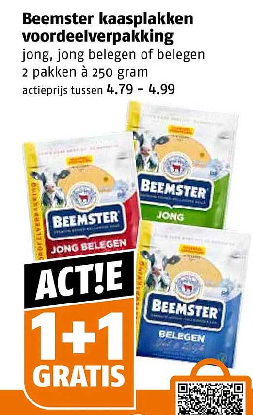 Beemster kaasplakken voordeelverpakking jong, jong belegen of belegen 2 pakken à 250 gram ACT!E 1+1 GRATIS