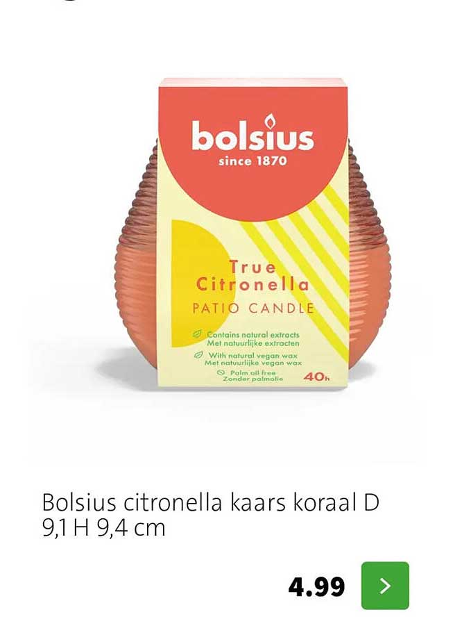 Bolsius citronella kaars koraal D 9,1H 9,4 cm