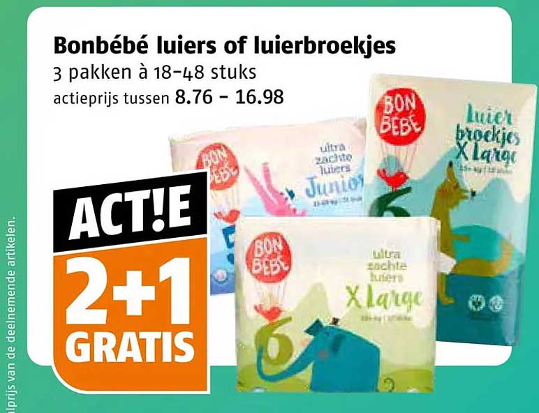 Bonbébé luiers of luiersbroekjes 3 pakken à 18–48 stuks ACT!E 2+1 GRATIS