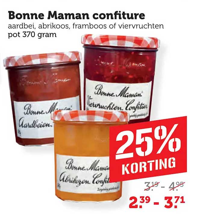 Bonne Maman confiture aardbei, abrikoos, framboos of viervruchten pot 370 gram 25% korting