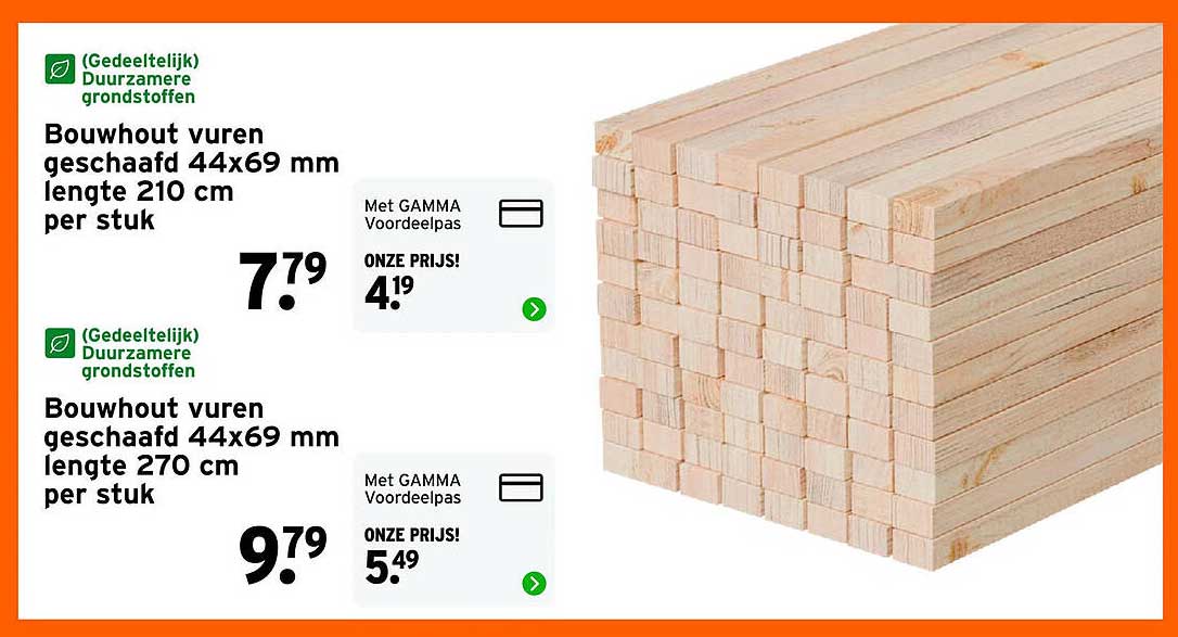 Bouwhout vuren geschaafd 44x69 mm lengte 210 cm per stuk