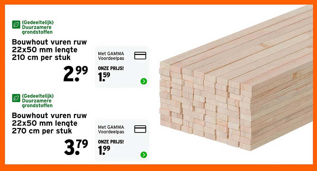 Bouwhout vuren ruw 22x50 mm lengte 210 cm per stuk