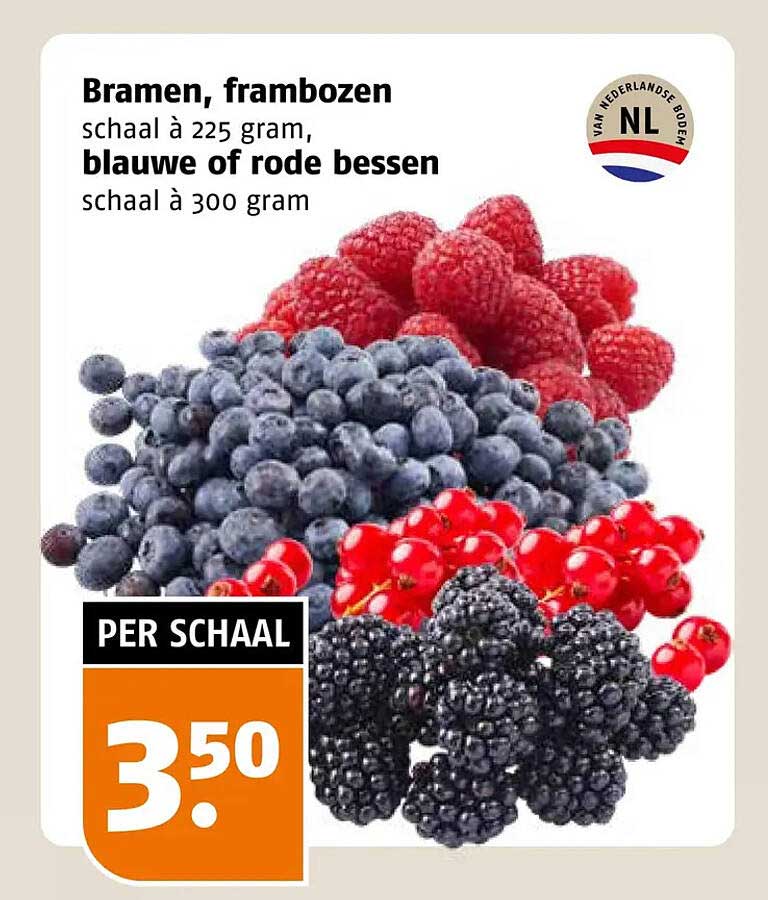 Bramen, frambozen schaal à 225 gram, blauwe of rode bessen schaal à 300 gram