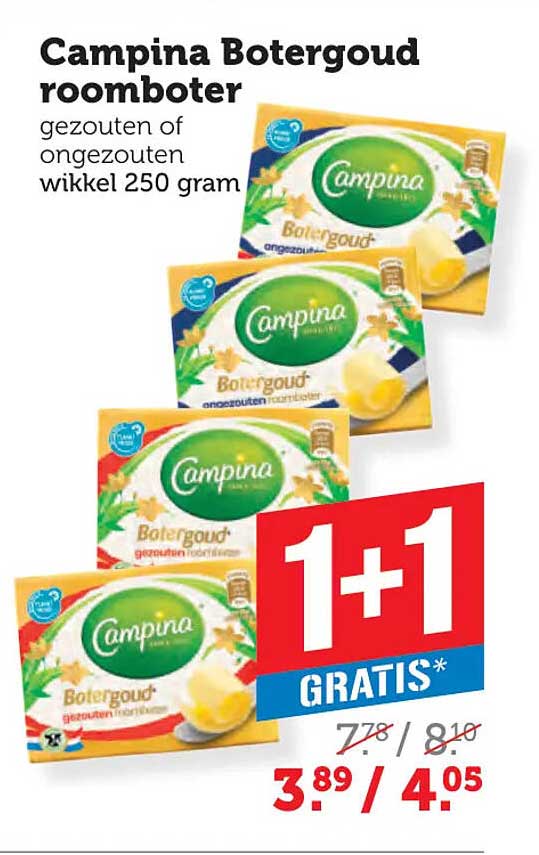 Campina Botergoed roomboter gezouten of ongezouten wikkel 250 gram 1+1 GRATIS