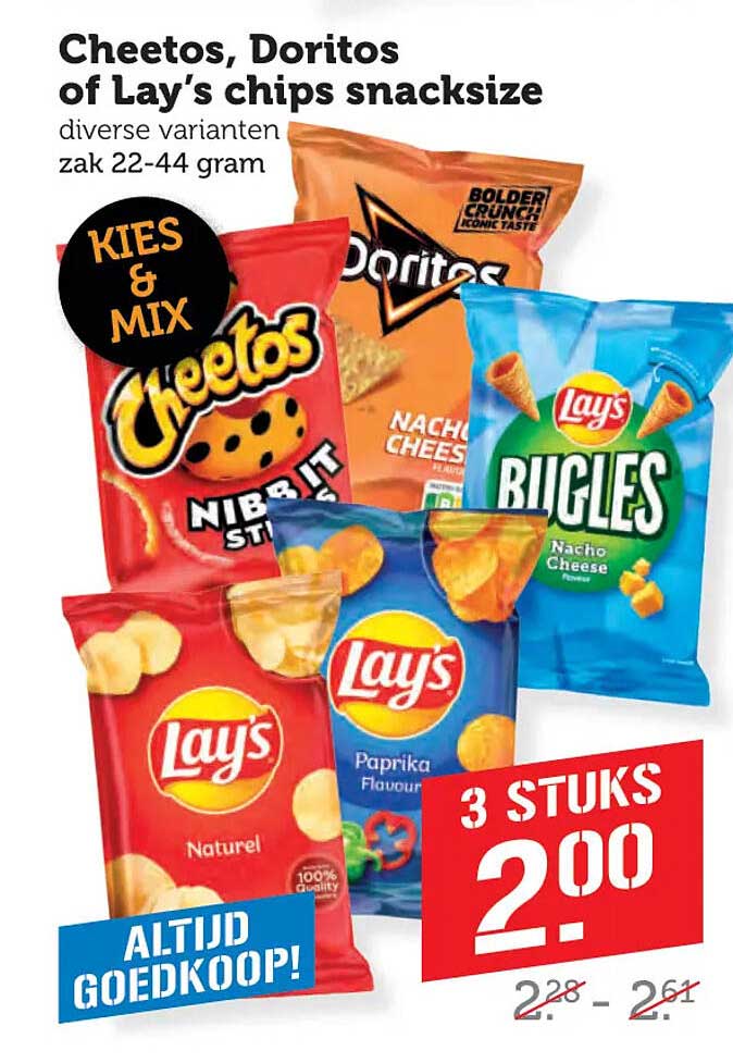 Cheetos, Doritos of Lay’s chips snacksize diverse varianten zak 22-44 gram 3 stuks 2.00