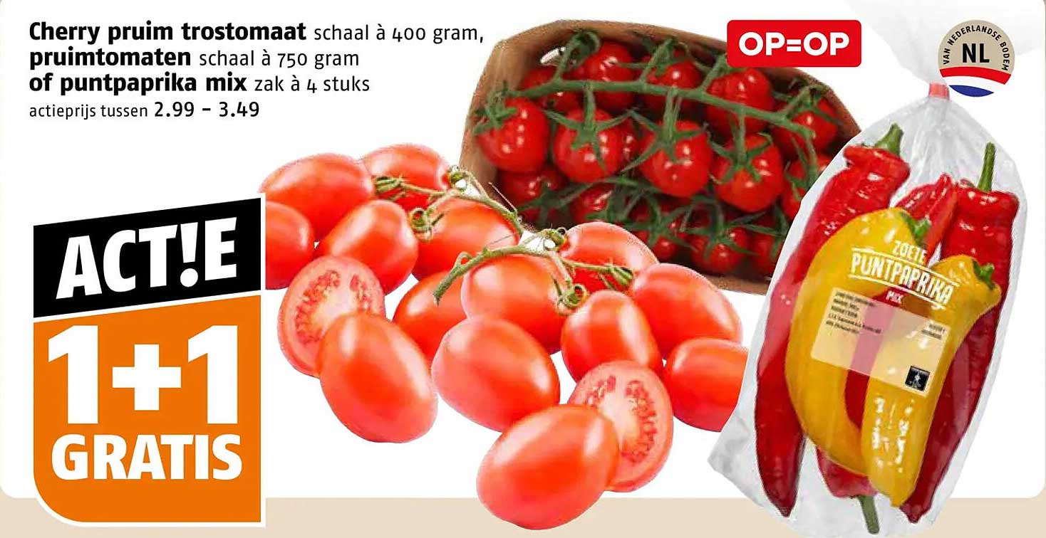 Cherry pruim trostomaat, pruimtomaten of puntpaprika mix 1+1 gratis
