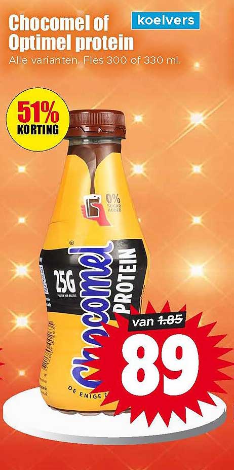Chocomel of Optimel protein koelevers Alle varianten, Fles 300 of 330 ml. 51% KORTING