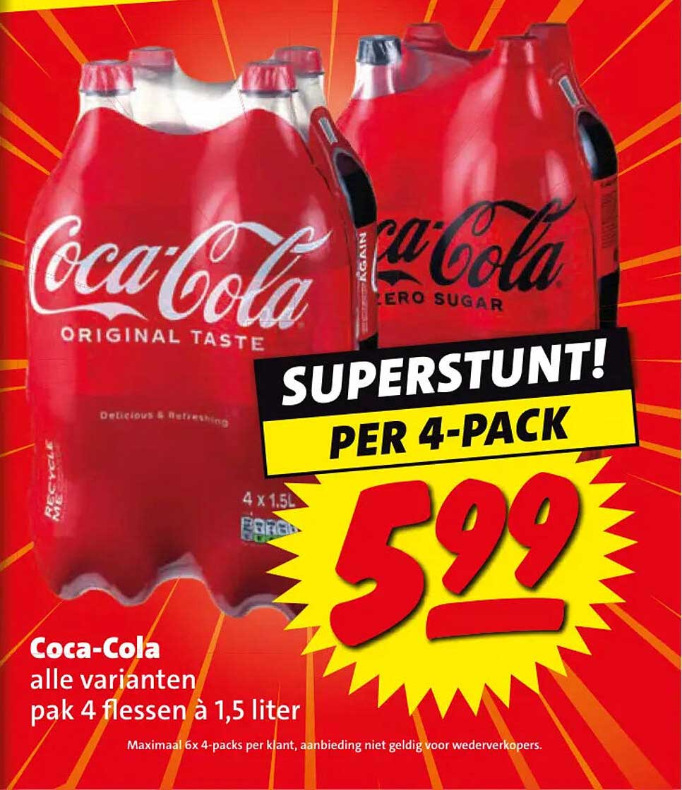 Coca-Cola alle varianten pak 4 flessen à 1,5 liter SUPERSTUNT! PER 4-PACK