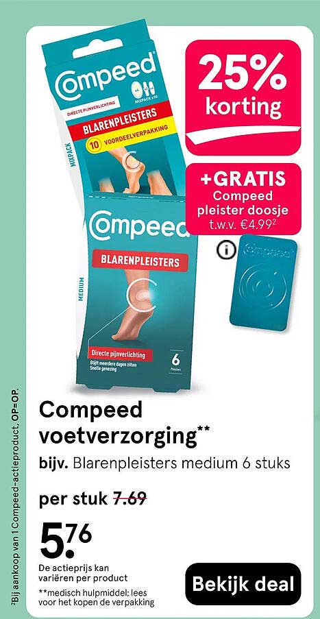 Compeed voetverzorging** bijv. Blarenpleisters medium 6 stuks 25% korting +GRATIS Compeed pleister doosje t.w.v. €4,99²