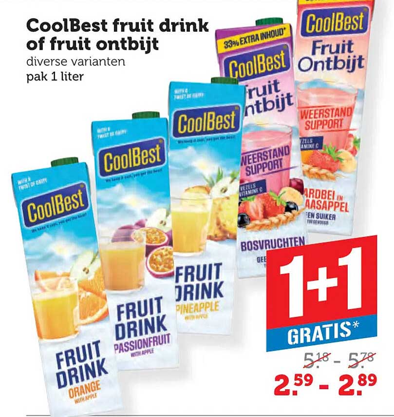 CoolBest fruit drink of fruit ontbijt diverse varianten pak 1 liter 1+1 gratis