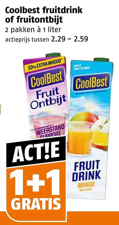 Coolbest fruitdrink of fruitontbijt 2 pakken à 1 liter actprijs tussen 2.29 - 2.59 1+1 GRATIS