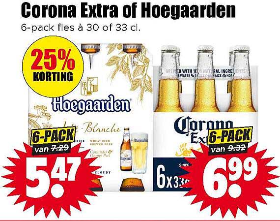 Corona Extra of Hoegaarden 6-pack fles à 30 of 33 cl. 25% KORTING