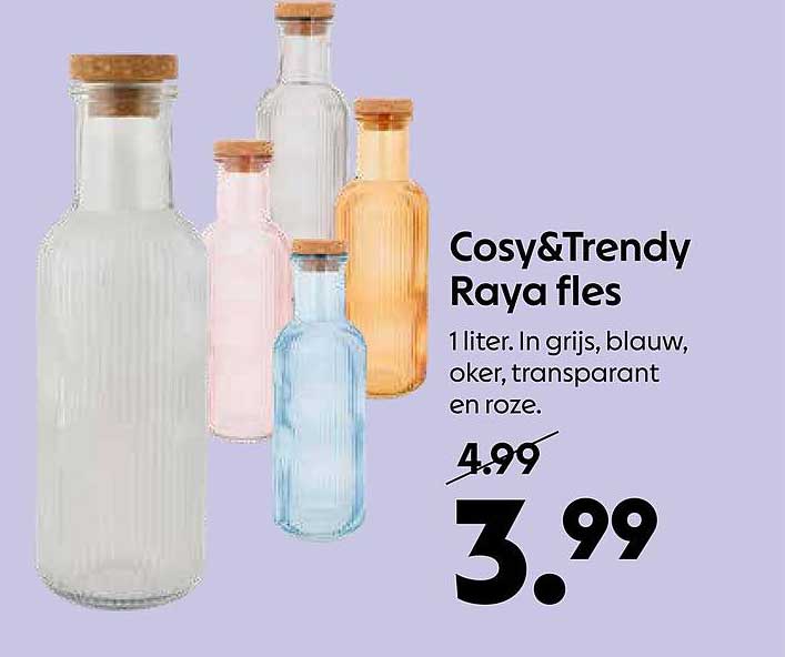 Cosy&Trendy Raya fles 1 liter. In grijs, blauw, oker, transparant en roze.