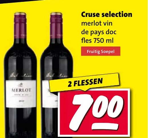 Cruse selection merlot vin de pays doc fles 750 ml 2 flessen