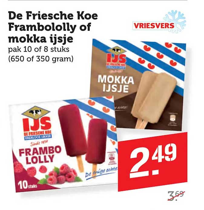 De Friesche Koe Frambololly of mokka ijsje pak 10 of 8 stuks (650 of 350 gram)
