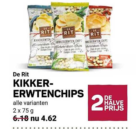 De Rit KIKKER-ERWTENCHIPS alle varianten 2 x 75 g 2e halve prijs