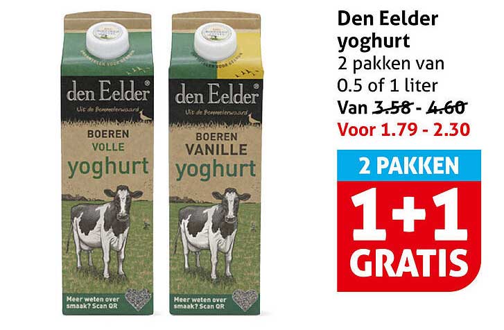 Den Eelder yoghurt 2 pakken van 0.5 of 1 liter 2 PAKKEN 1+1 GRATIS