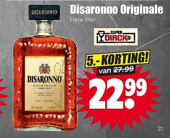 Disaronno Originale Hele liter 5.- KORTING!