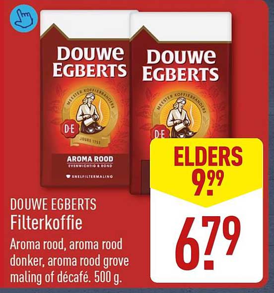 DOUWE EGBERTS Filterkoffie Aroma rood, aroma rood donker, aroma rood grove maling of décafé. 500 g.