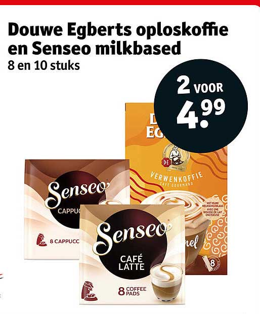 Douwe Egberts oploskoffie en Senseo milkbased 8 en 10 stuks 2 voor 4,99