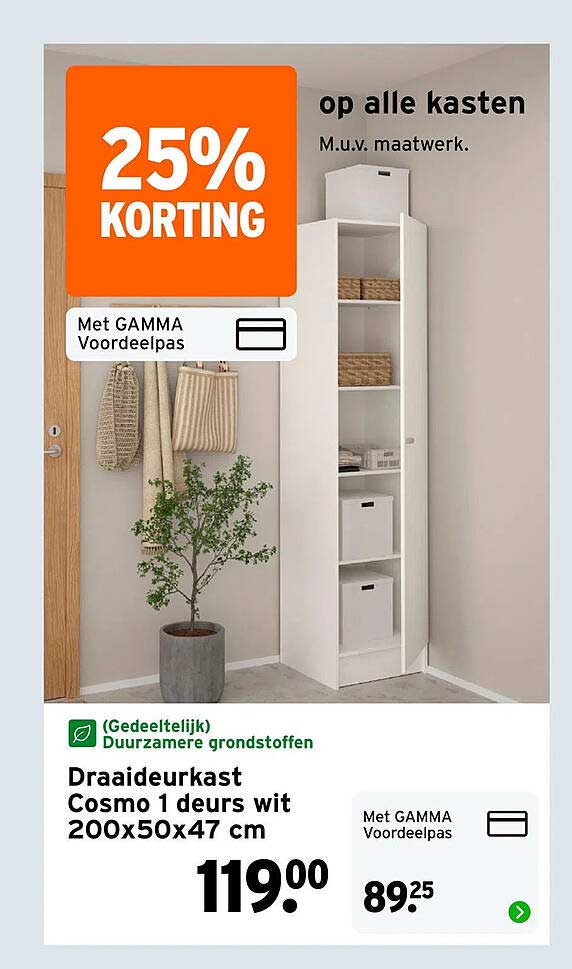 Draaideurkast Cosmo 1 deurs wit 200x50x47 cm 25% Korting op alle kasten