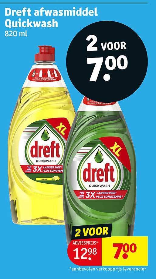 Dreft afwasmiddel Quickwash 820 ml 2 voor 7.00