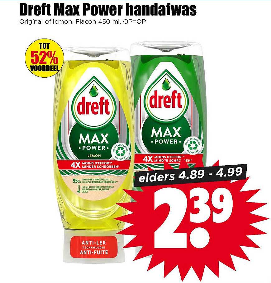 Dreft Max Power handafwas Original of Lemon, Flacon 450 ml. OP=OP
